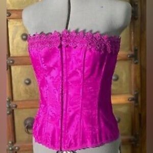 FREDERICK’S OF HOLLYWOOD Sz 34 Fuchsia Pink Lace Brocade Boning Lace Up  Bustier